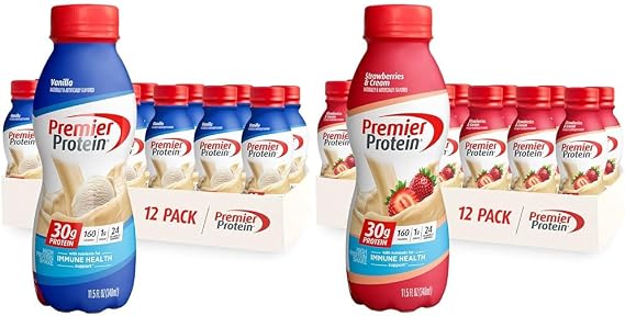 Premier Protein Shake, Vanilla & Strawberries, 30g Protein, 1g Sugar, 24 Vitamins & Minerals, 12 Pack Bundle