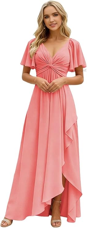 Short Sleeve Bridesmaid Dresses Long Ruffles Chiffon V Neck Formal Wedding Guest Dress with Slit