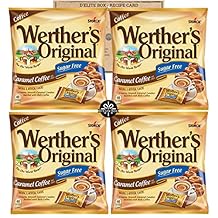 Werthers Sugar Free Hard Candy Pack of 4 Bags (1.46oz) of Caramel Coffee Flavor Candy suitable for Diabetic individuals and Keto Friendly  bundled with a Recipe card curated by D'Elite Box