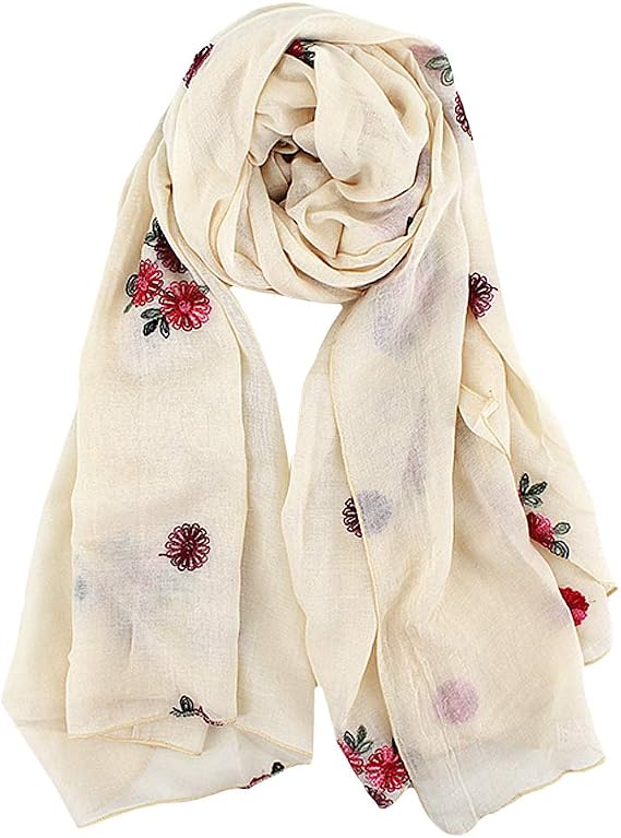 Monique Women Floral Embroidery Spring Autumn Cotton Linen Long Scarf Summer Beach Shawl Wrap