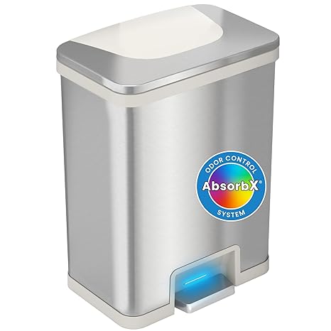 iTouchless 13 Gallon Automatic Step Sensor Trash Can with Odor Control System, Stainless Steel Kitchen Pedal Touchless Garbage Bin, White