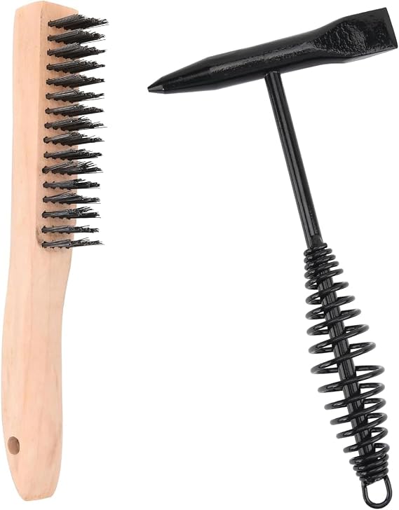 10.5 Inch Welding Chipping Hammer with Coil Spring Handle, Wire Brush 9.5 Inch Wood Handle,Cone and Vertical Chisel for Cleaning Removing Slag and Welding Residue (Hammer + Brush)