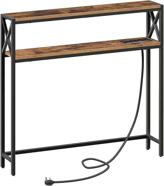 MAHANCRIS Narrow Sofa Table with Charging Station, 100 cm Behind Couch Table, Skinny Console Table with Outlet for Living Room, Rustic Brown and Black ACTHR115KE01N1