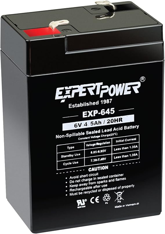 ExpertPower EXP645-6V 4.5Ah / 20HR SLA Rechargeable 6V Battery for Ride on Toys, Emergency Light, Exit Sign Battery Replacement, Sealed Lead Acid 6 Volt Batteries with F1 Terminals