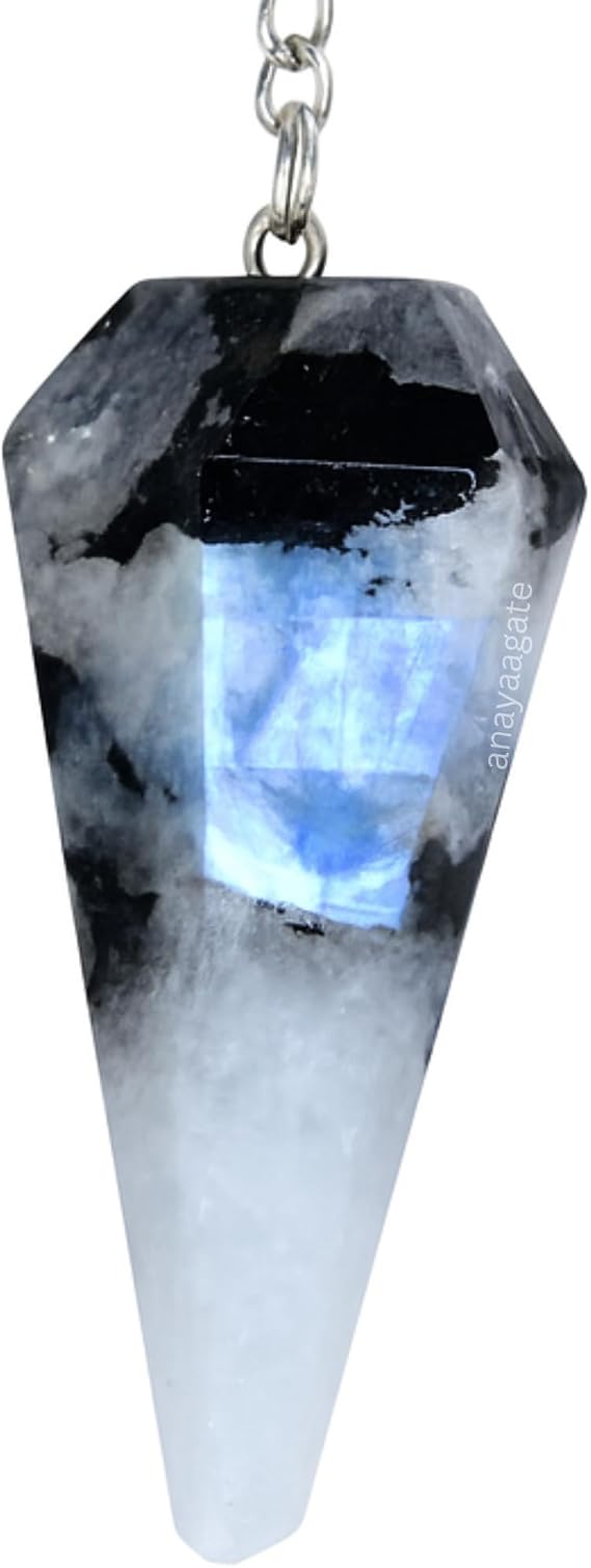 ANAYA AGATE Rainbow Moonstone Pendulum, Chakra Pendulum with Chain, Certified Dowsing Crystals and Healing Stones for Divination Meditation, Chakra Healing and Crystal Grid, Natural Gemstone Pendulums
