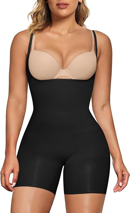 SHAPERX Open Bust Shapewear Bodysuit for Women, Tummy Control Body Shaper, Mid-Thigh Seamless Compression Shorts, Butt Lifting & Thigh Smoothing Shapewear with Adjustable Straps