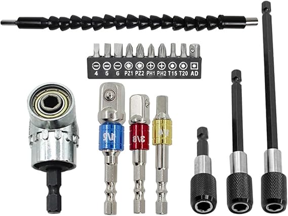 18Pcs Flexible Drill Bit Extension Set 105Right Angle Drill Attachment Rotatable Joint Socket 1/4 3/8 1/2 Inch Hex Socket Adapter Socket Bendable Drill Bit Extension Screwdriver