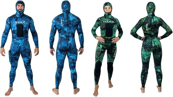 Reversible 2mm Camo Spearfishing Wetsuit in Ocean Blue/Green Reef | Full Body Suit with Removable Hood