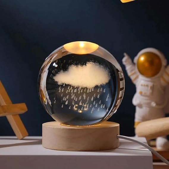 Coverzone Glass Globe Light with Wooden Stand Eye Tiring Rain and Cloud Motif Desktop Lighting Night Light Decorative Children's Room Living Room Bedroom Lamp 6cm x 6cm (Rain)
