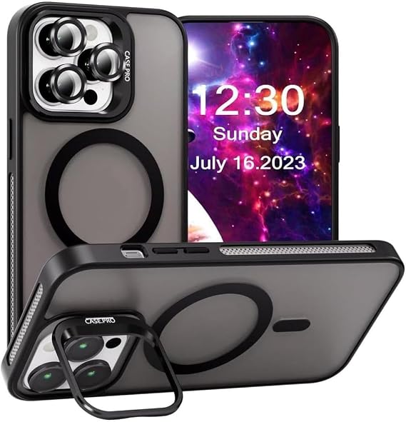 MADNOVA iPhone 12 Pro Max için Kılıf Kamera Korumalı Magsafe Wireless Şarj Özellikli Lens Hediyeli Mat Şeffaf Renkli Standlı Kılıf (SİYAH)