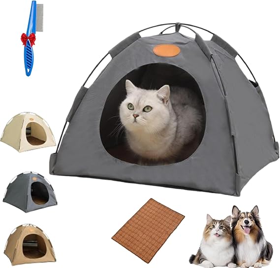 Pop-Up Pet Tent, Portable Hideaway for Cats & Small Dogs, Cat Tents for Indoor Cats with Mesh Window, Waterproof, Cooling Mat, Breathable Mesh & Non-Slip Base, Fully Washable (Gray,L)