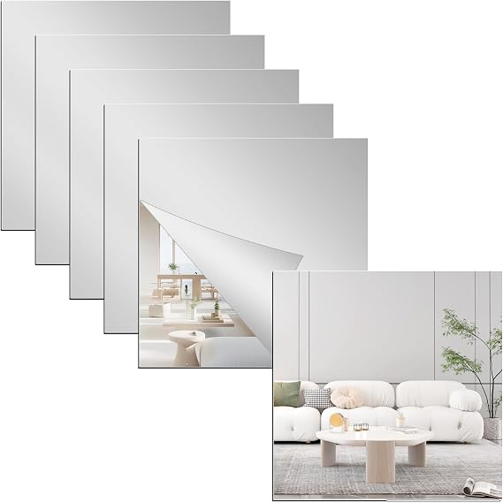 6 Pcs Flexible Mirror Sheets Self-Adhesive Mirrors 2mm Thickened 20 x 20cm Acrylic Mirror Full Length Wall Mirrors Plastic Mirror Tiles Non-Glass Mirror for Bathroom, Bedroom, Door etc