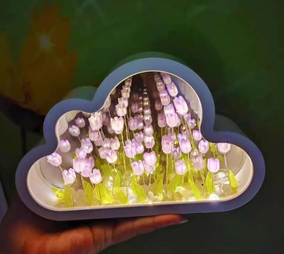 20 Flowers Cloud Mirror Tulip Lamp,DIY Handmade Tulip Night Light, Light and Mirror 2 in 1 Portable LED Bedside Lamps, Suitable for Couples, Friends, Children (2AA Battery not Included)(cloud-purple)