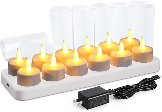 WoneNice 12 Pcs Rechargeable Tea Lights Flameless Candles w/Charging Base | Battery-powered LED Tealight w/ AC Adapter & Frosted Holder, 50+Hrs, for Parties Restaurants Weddings Xmas & Holiday Decor