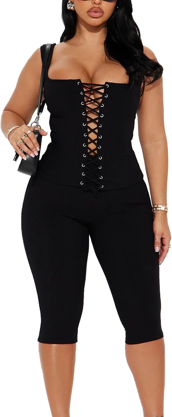 2 Piece Sets for Women Sexy Ribbed Crop Tops Bodycon Capri Pants