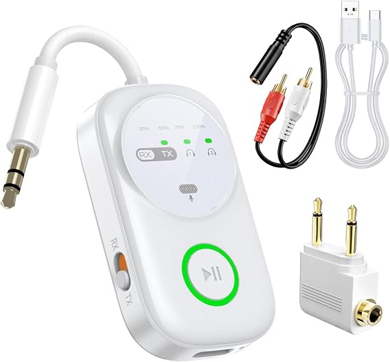 Bluetooth Transmitter Receiver, 2-in-1 Wireless Bluetooth 5.4 Adapter, Dual Connection, Built-in Mic, 3.5mm Aux Audio Adapter with RCA Cable, for Airplane/TV/Car/PC/Gym/Home Stereo