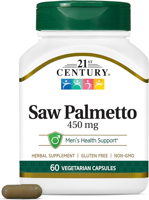 21st Century Saw Palmetto Extract 450mg Vegetarian Capsules, 60 Count | Saw Palmetto Standardized Herbal Extract 450 mg to Help Support Healthy Prostate Function, Men, Vegetarian Capsules