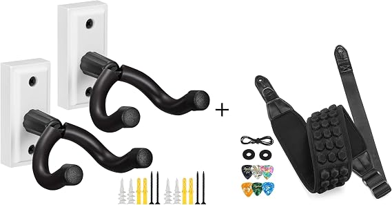 POGOLAB 2 Pack Guitar Wall Mount (White) + 3.5" Wide Guitar Bass Strap (Black)