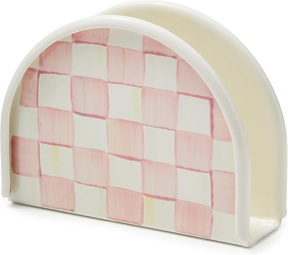 MACKENZIE-CHILDS Enamel Napkin Holder, Pink-and-White Rosy Check | Hand-painted design, kitchen napkin holder for table and countertop, 2" W x 6" L x 4.5" H