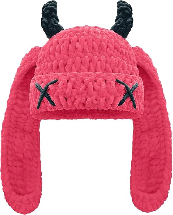 Bunny Chunky Beanie with Devil Horns Cute Chenille Crochet Hat with Long Floppy Ears Pastel Goth Rabbit Winter Skull Cap