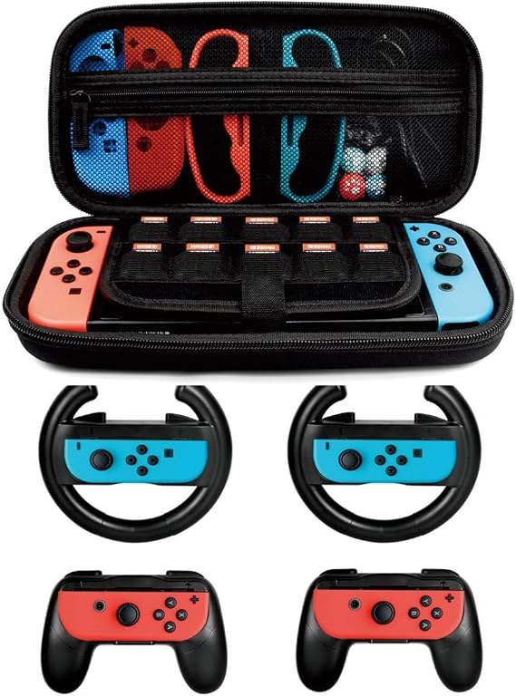 Accessory Set for Nintendo Switch Game Launcher, 2X Steering Wheel, 2X Grip Kit, 1x Travel Carrying Case (5 in 1 Black)