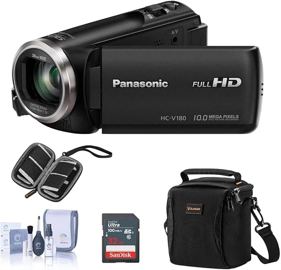 Panasonic HC-V180K Full HD Camcorder with 50x Stabilized Optical Zoom - Bundle with Video Bag, 32GB SDHC Card, Cleaning Kit, Memory Wallet