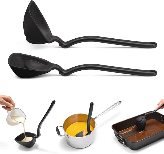 Dreamfarm Fladle Fold-Flat, Space-Saving Serving & Cooking Ladle Measures up to 1/2 Cup with Silicone Scraping Squeegee-Tip - 12" Black