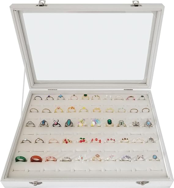 100-Slot Ring Organizer Box with Dust-Proof Transparent Glass Lid