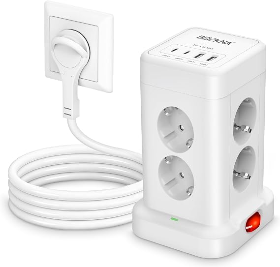 Beizkna Multiple Socket 8-Way 4 USB Power Strip Flat Connector 2 m