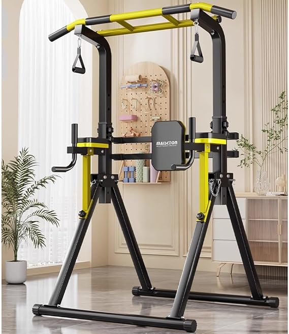 Smart Home，Foldable Power Tower Dip Station Pull Up Bar, Multifunction Triangular Structure Home Gym Strength Training Equipment Supports 1980 Lbs