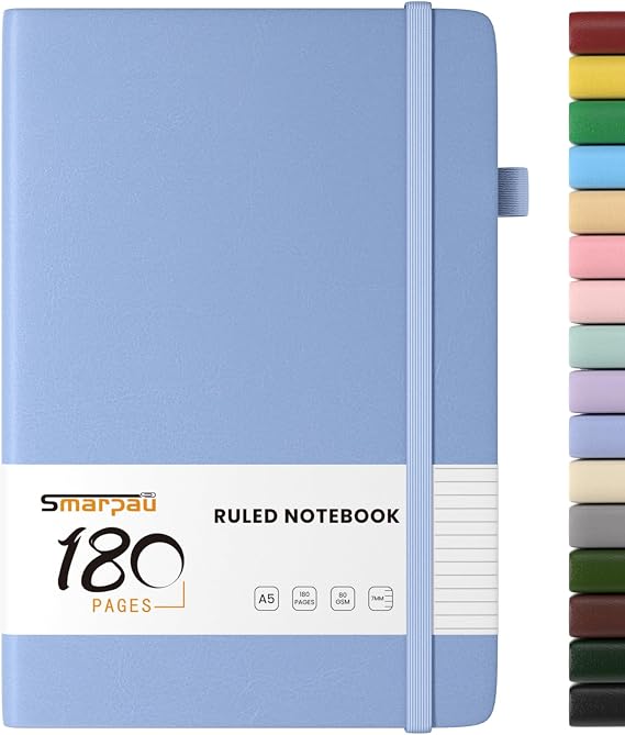 Smarpau Notebook A5, Hardback Journal Notebook with 180 Pages Paper, Thick Leather Journal for Women Men, No Bleed for Writing, Notepad for Office School Travel Supplies, Light Blue
