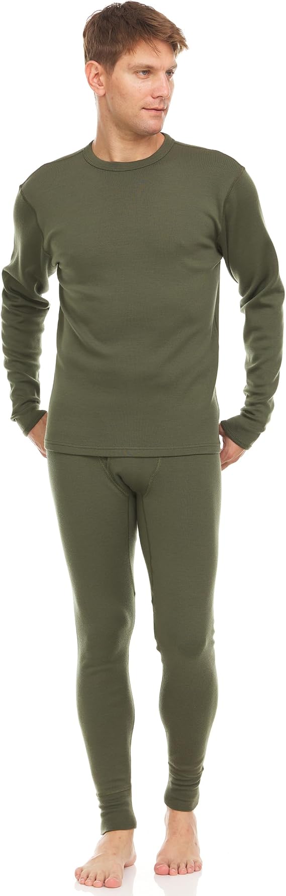 100% Merino Wool - Men's Heavyweight Top and Bottom - Thermal Base Layer Set - Olive Drab - Small