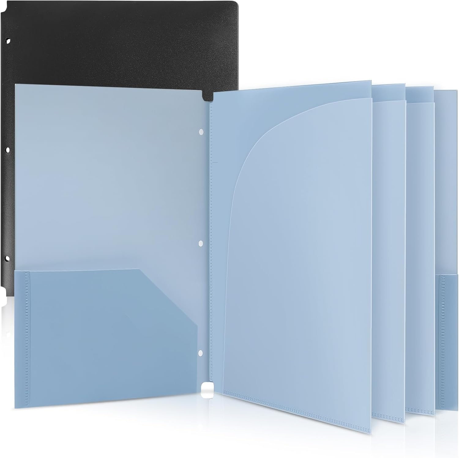 Plastic Pocket Folders，2 Pockets and 3 Dividers, Letter Size – Fits 3-Ring Binders – School Folders for Students & Office Use – Black & Haze Blue