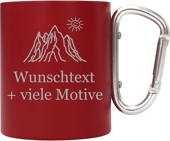Stainless Steel Mug Red with Carabiner 250 ml with Engraving and Motif - Personalised Outdoor Mug Double-Walled Camping Mug Gift for Mountain Lovers Summit Stayers Hiking Lovers