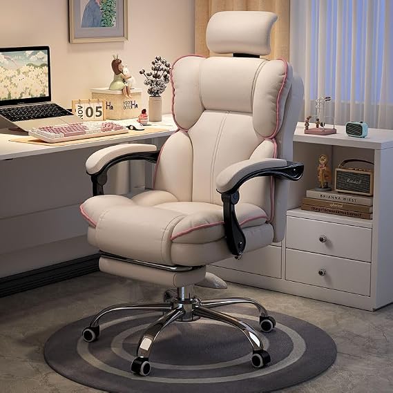 Office Chair with Headrest High Back Executive Desk Chairs with Leg Rest Ergomomic Lumbar Support Computer Gaming Chairs for Home Office(White)