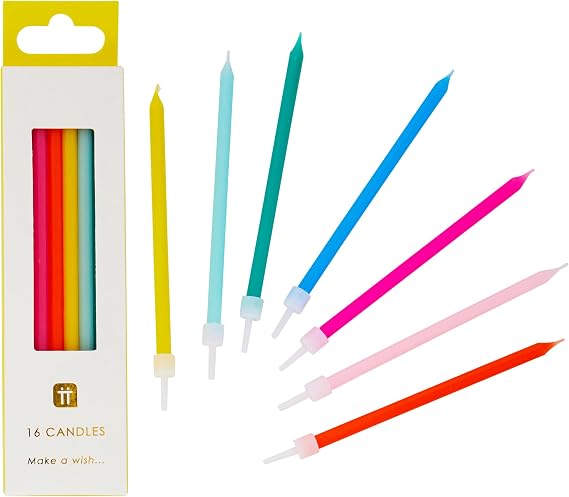 Talking Tables 16 x Colourful Birthday Candles with Holders – Rainbow Tall Party Cake Decorations, Birthday Candles Cake Toppers for Parties, Kids & Grown-ups, 10cm Size