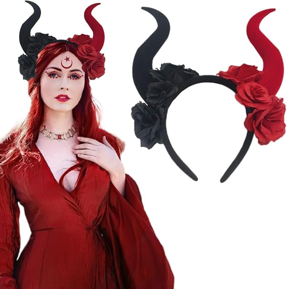 Devil Horns Headband Black Red Rose Demon Horns Hair Hoop Halloween Gothic Witch Horn Hairband Day of The Dead Headpiece Hair Accessories for Carnival Makeup Party
