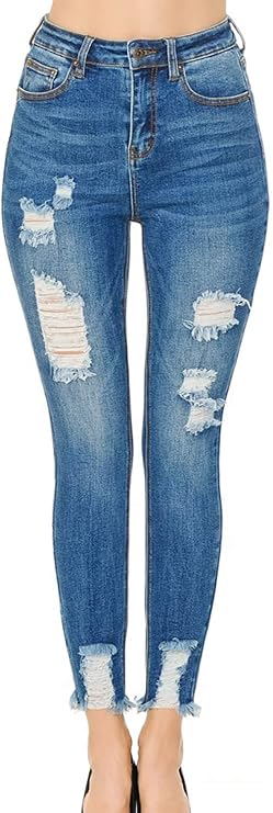 WAX JEAN Women's Vintage-Inspired Ankle Skinny Jeans with Hem Destruction