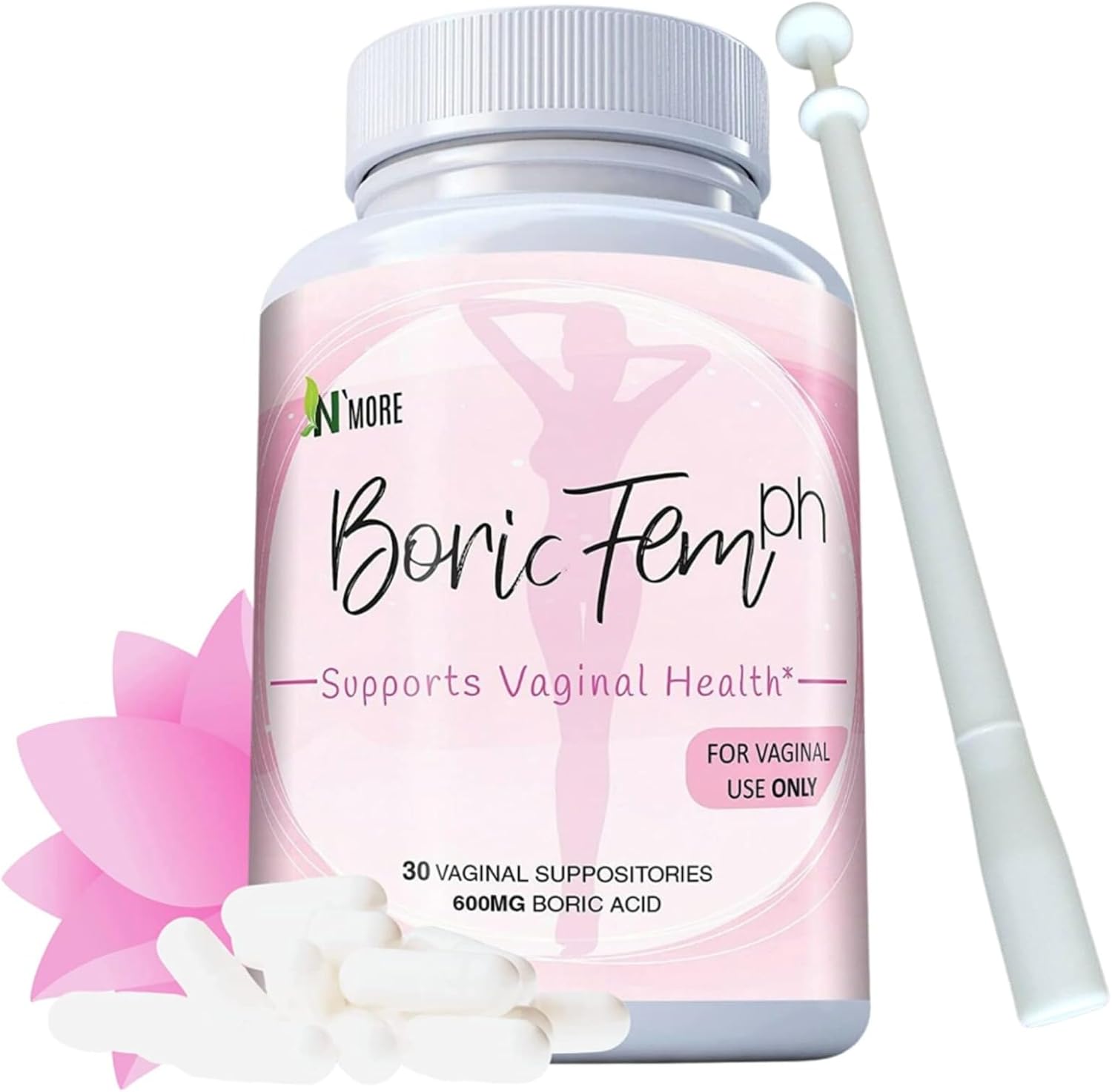 NMore Boric Acid Vaginal Suppositories with Applicator - 30 Count, 600mg - 100% Pure Made in USA - Boricfem Support Vaginal Health One