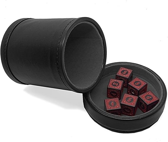 Set of (6) Black & Red Opaque Dice 16mm 6-Sided Numerals 1-6 Squared Corners + PU Leather Cup with Removable Matching Lid Cover Tray Felt Lined