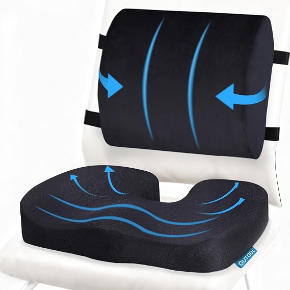 QUTOOL Seat Cushion and Lumbar Support Set for Office Chair Supports Lower Back & Hips for Long Sitting Comfort, Helps Maintain a Comfortable Sitting Position, Ergonomic Memory Foam, Washable Cover