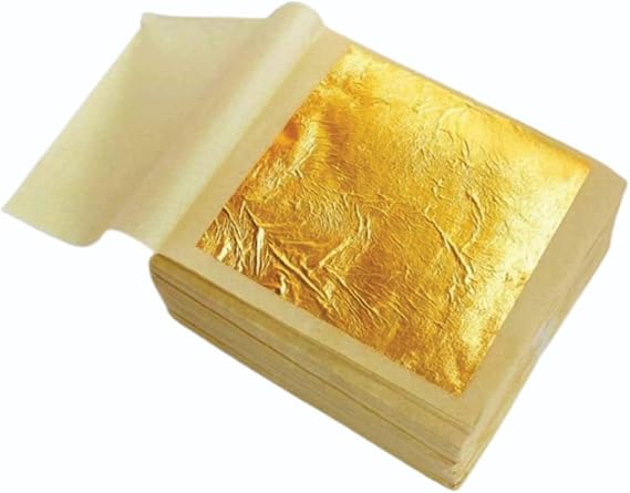 Gold Leaf Sheets, Pure Gold Edible Vark (Waraq), 3 x 2 Inch Transfer Leaves for Cake Decorating, Desserts, Chocolates, Sweets, Food Garnishing & Gilding (50)