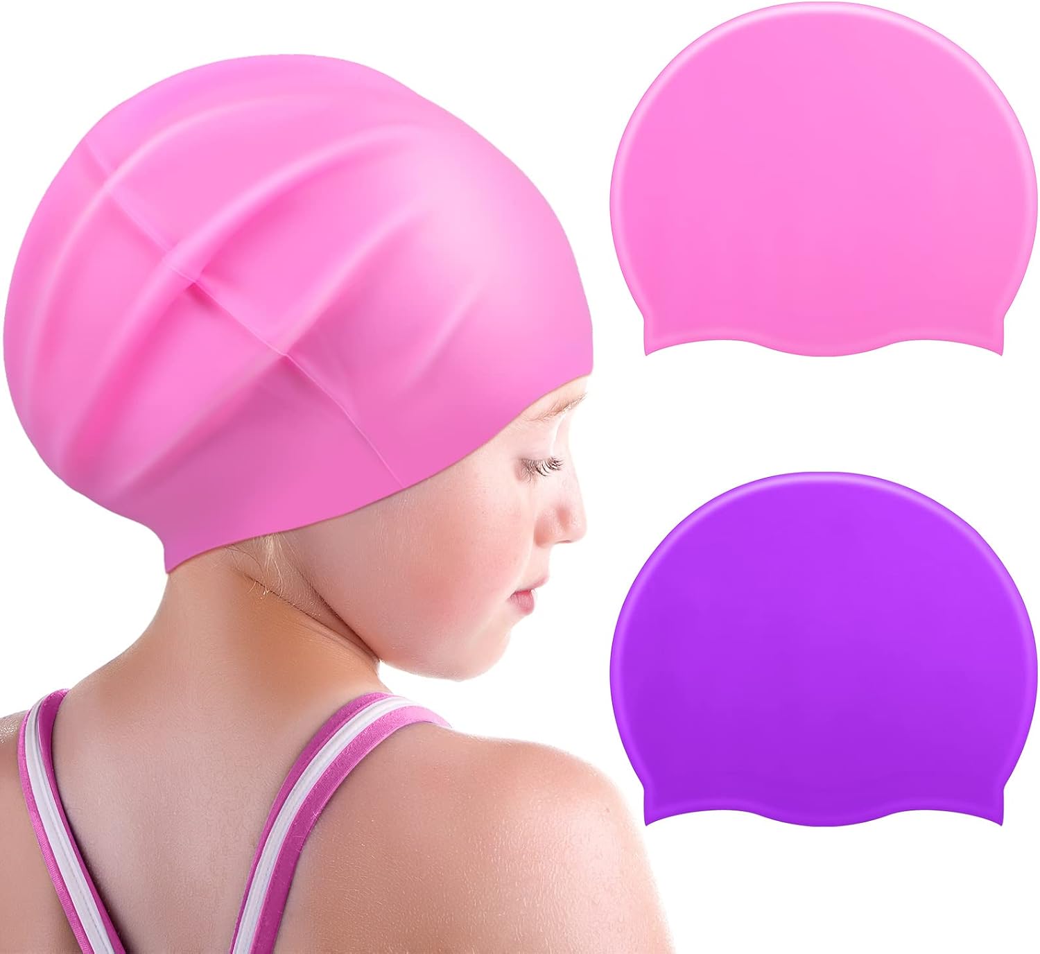 2 Pack Kids Large Swimming Cap for Long Hair Waterproof Silicone Swim Cap for Long Braids, Dreadlocks and Long Curly Fluffy Hair Girls Toddler Boys, Age 4-8Pink, Purple,Small