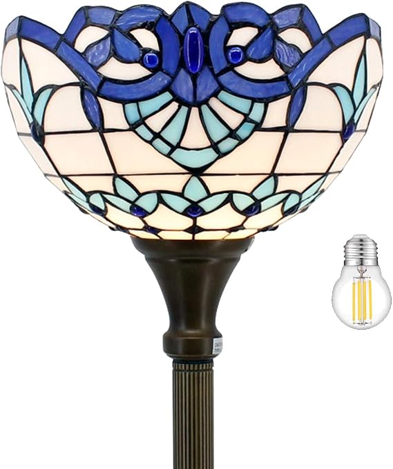 WERFACTORY Tiffany Floor Lamp Navy Baroque Stained Glass Torchiere Light | 12X12X71 Inches Pole Blue Standing Corner Torch Uplight Decor Bedroom Living Room Home Office S003B Series