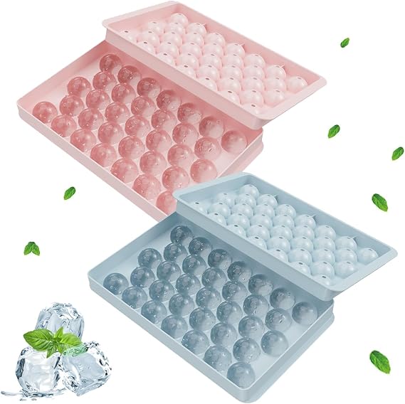2 PCS Round Ice Cube Moulds, Ice Cube Tray with Lid, Ice Ball Mould, Circle Ice Cube Tray Reusable Ice Trays Easy to Remove Sphere Ice Making Mold for Freezer Water and Other Drink