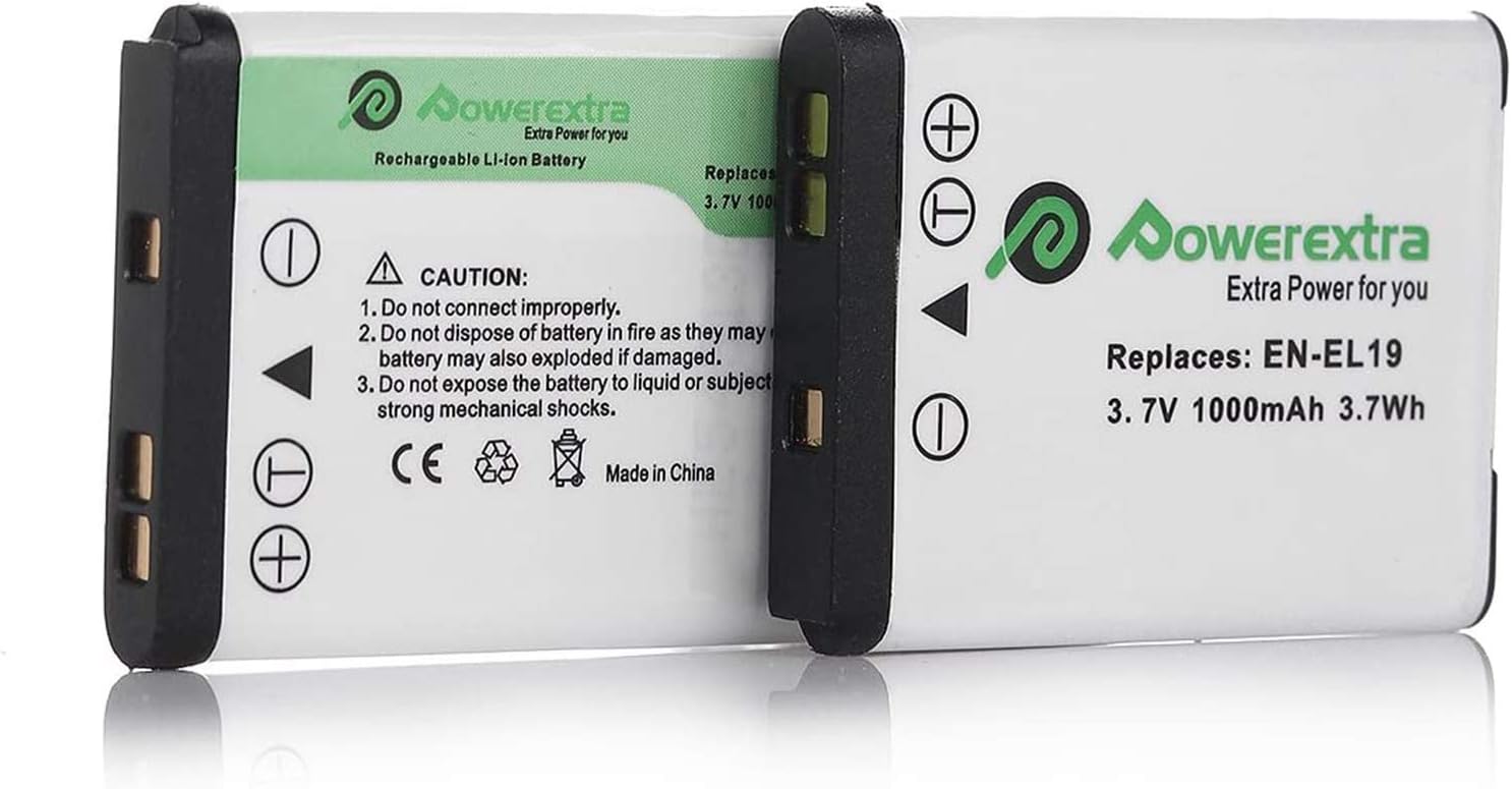 Powerextra 2 x EN-EL19 Batteries Compatible with Nikon Coolpix W150 S32 S100 S2800 S3200 S3300 S3500 S3600 S4100 S4200 S4300 S5200 S5300 S6500 S6600 S6800 S6900 S7000 as Sony NP-BJ1 DSC-RX0