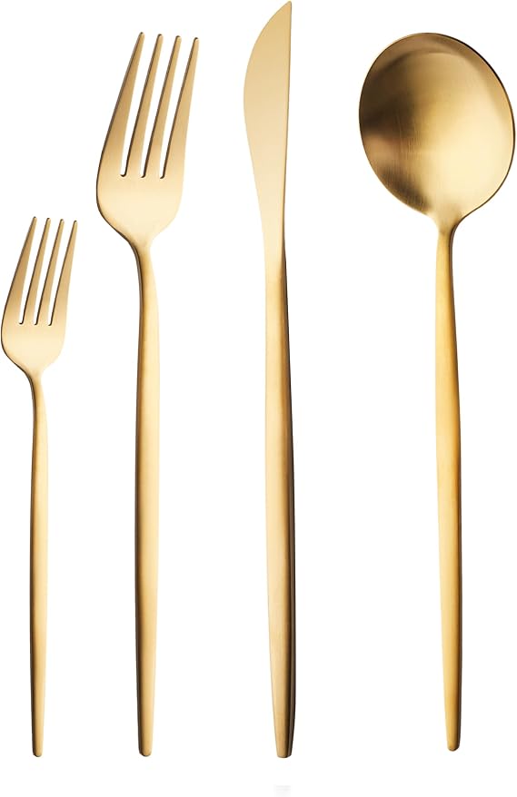 Karaca Bella 24-Piece Stainless Steel Cutlery Set for 6 People Modern Durable Rustproof Cutlery Set Dishwasher Safe & Elegant Cutlery Set Matte Gold