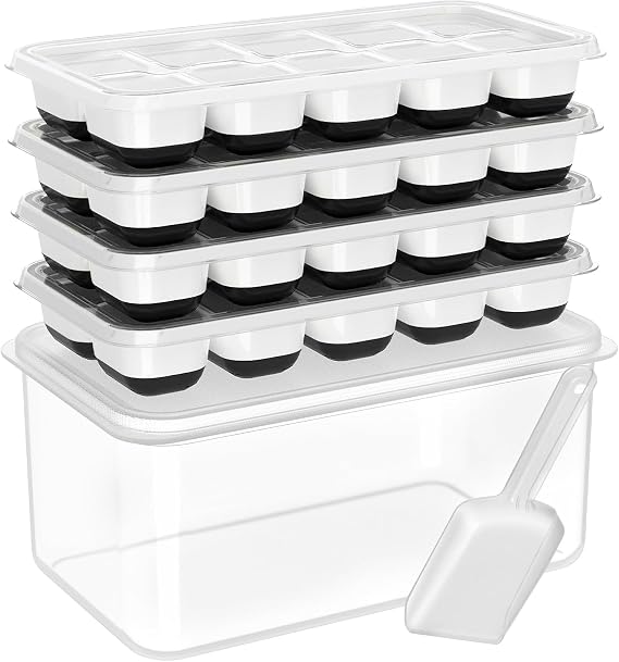 DOQAUS Ice Cube Tray with Lid and Bin,4 Pack Ice Cube Trays for Freezer