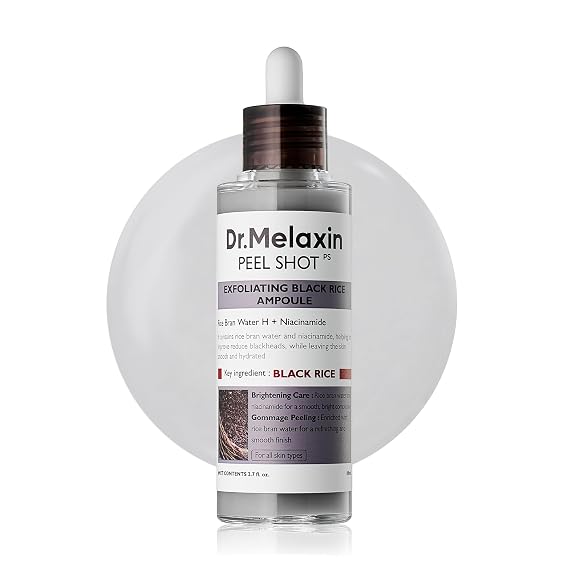 Dr.Melaxin Peel Shot Black Rice Exfoliating Ampoule, Face Exfoliator with AHA BHA Niacinamide Rice Bran Water, Blackhead Remover, Pore Minimizer, Brightening Glass Skin Serum, Korean Skin Care, 2.7 oz