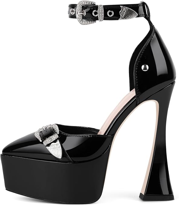 Only maker Womens Platform Mary Jane High Heels Pointed Toe Flared Stiletto Pumps with Ankle Strap Buckle Gothic Detail